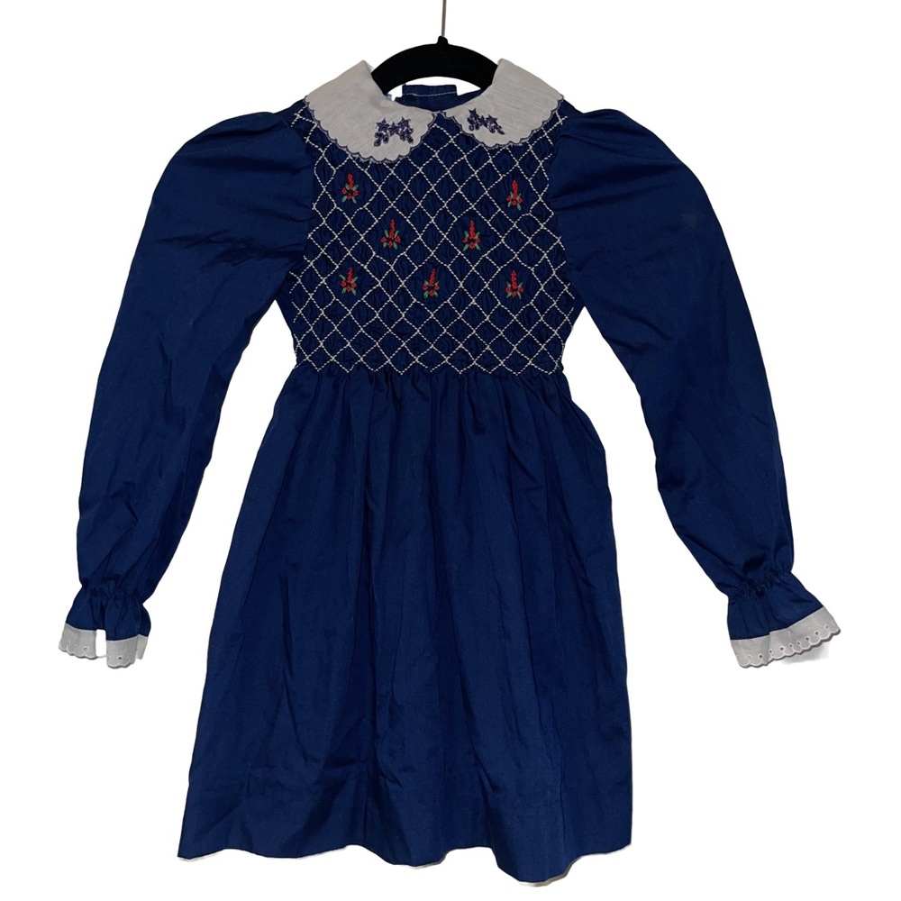 Polly Flinders Vintage Blue Smocked Dress Embroidery Christmas Holiday Toddler 6